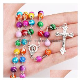 Hanger kettingen nieuwe religieuze katholieke regenboog rozenkrans Long Jezus kruis 8mm kralenketens voor vrouwelijke mannen S Fashion Christian Jewelry D Dhgzr