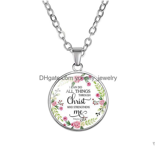 Colliers pendentifs Nouveau Relin Bible Écriture Collier pour femmes Chrétiens Versets Lettre Fleur Verre Cabochon Pendentif Chaînes Foi Juif Dhvqy