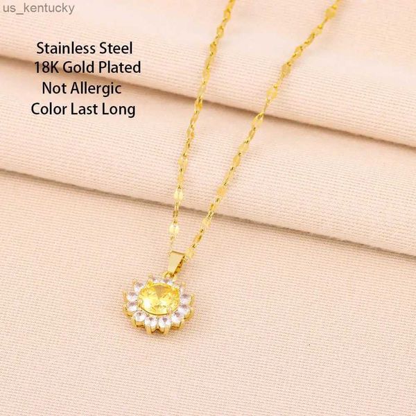 Collares colgantes Nuevos collares con colgante de girasol de cristal de circonio dulce para mujer, cadena de acero femenina a la moda, accesorios para mujer R231110