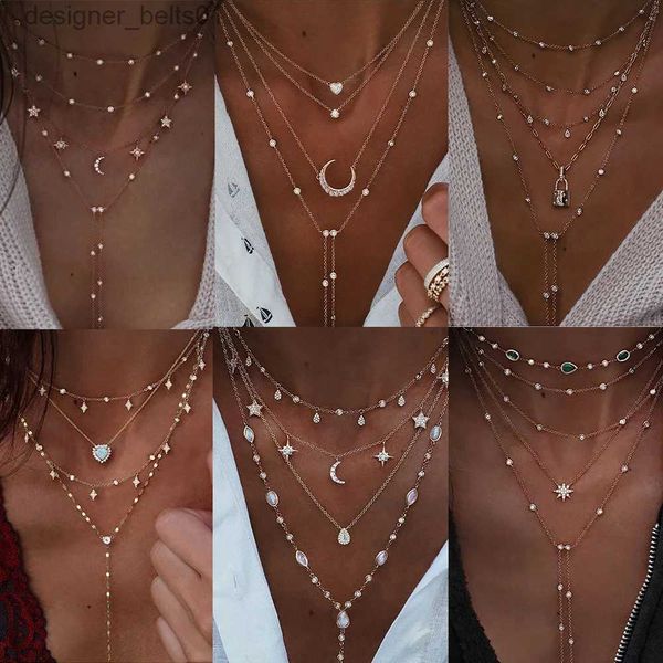 Collares colgantes Nuevo collar Vintage con cierre de Luna y estrella geométrica de cristal para mujer 2020, collares con colgantes de varios niveles bohemios, gargantillas, regalo de joyeríaL231215