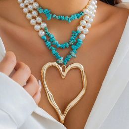 Hanger kettingen niche design turquoise imitatie parel ketting voor vrouwen veelzijdige retro liefde hart meerlagige kralen sieraden