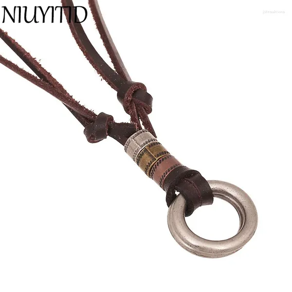 Collares colgantes niuyitid cuero genuino hombres collar vintage marrón cadena joyería accesorios masculinos