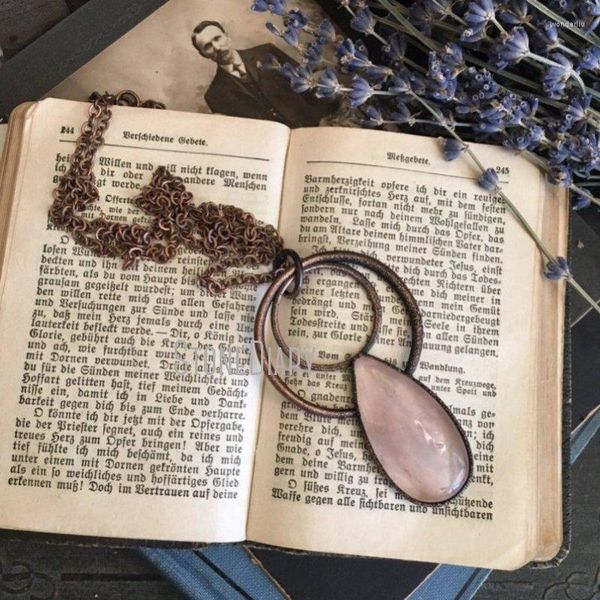 Pendentif Colliers NM39939 Rose Quartz Teardrop Collier Grand Cristal Rose Bijoux de guérison Boho