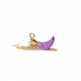 Pendentif Colliers NM42451 Violet Améthyste Lune Collier Février Pierre De Naissance Croissant Bijoux Guérison Cristal Plaqué Or