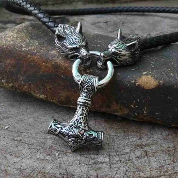 Collares colgantes Nordic Viking Mjolnir Hammer Colgante Lobo Cabeza Cadena de cuerda de cuero para hombre Viking Punk Amuleto Collar Joyería T230907