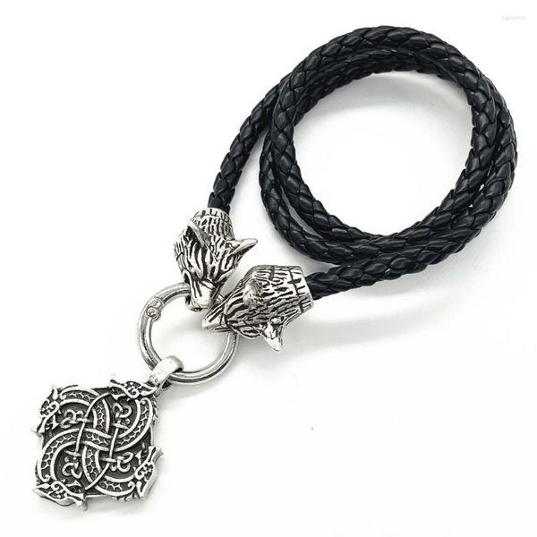 Pendentif Colliers Norse Dragon Loup Têtes Chaîne Mâle Amulette Collier En Cuir Talisman Goutte