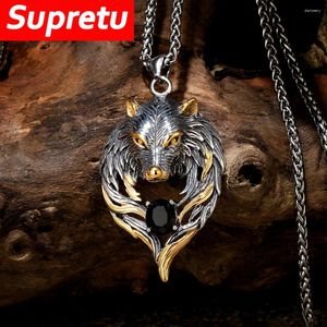 Pendentif Colliers Norse Vikings Wolf Head Hommes Punk Hip Hop King Totem Amulette En Acier Inoxydable Noir Gem Bijoux Cadeaux De Fête