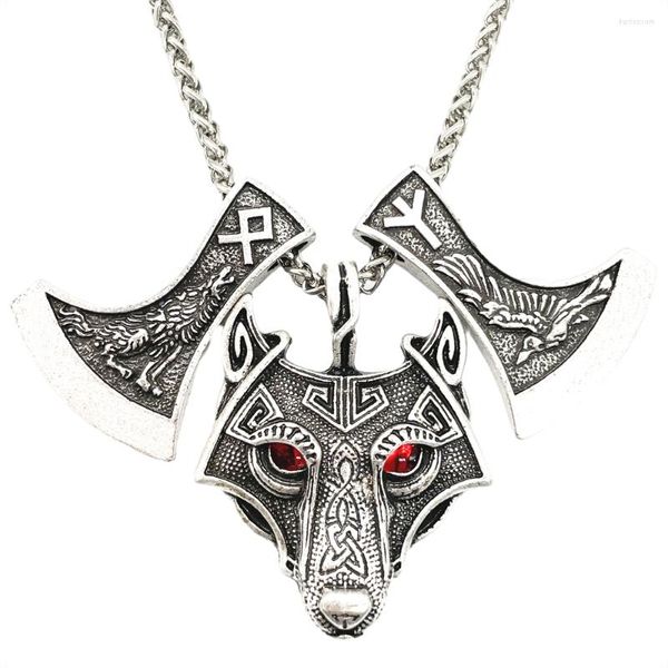 Pendentif Colliers Nostalgie Goth Loup Et Corbeau Gravé Sur Slave Perun Axe Runes OTHALA ALGIZ Collier Viking Wiccan Païen Amulette Sorcière