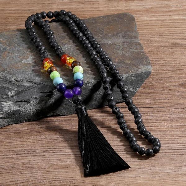 Pendentif Colliers Oaiite 6mm Pierre Volcanique 7Chakra Collier de perles Mâle Fringe Pull Chaîne Femelle Reiki Bijoux d'énergie naturelle