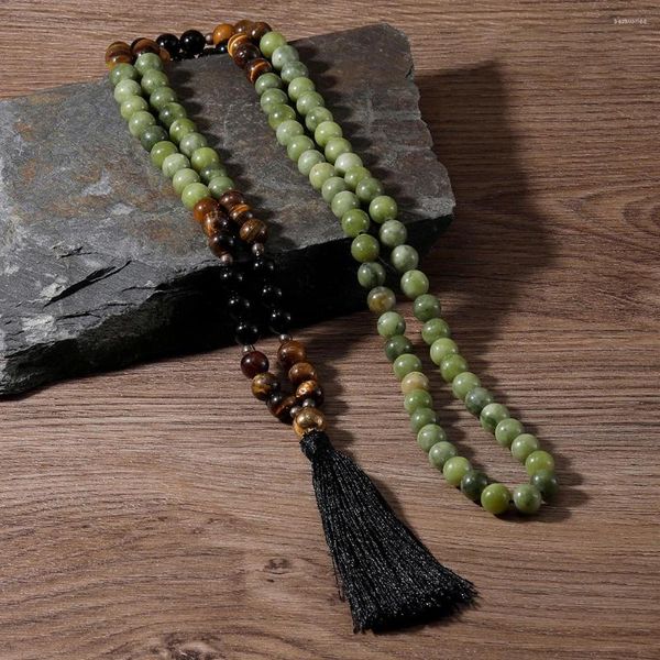 Collares colgantes OAIITE 8 mm Collar de jade del sur Mujeres Ágata negra Amarillo Ojo de tigre con cuentas Hombres Pequeño Buda Cabeza Suéter Cadena Joyería