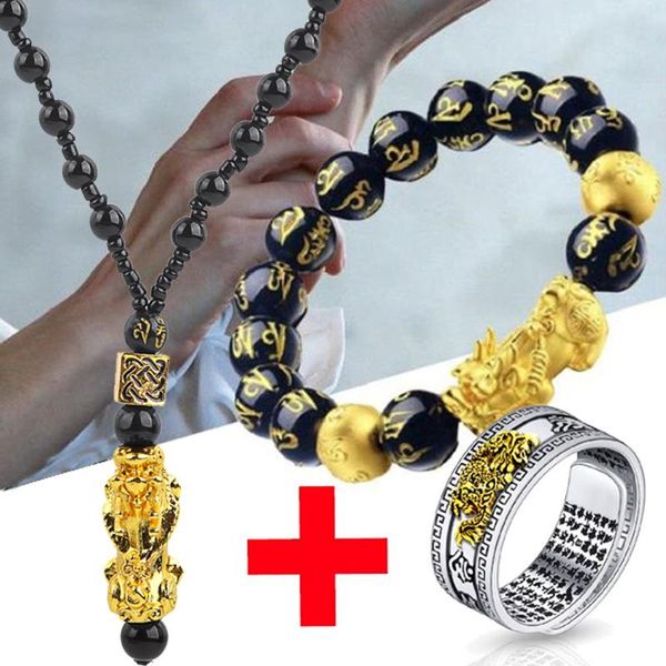 Collares pendientes Cuentas de piedra de obsidiana Collar Anillo Feng Shui chino Pixiu Hombres Mujeres Riqueza y buena suerte Oro Negro Pi Xiu Pulsera SetPe