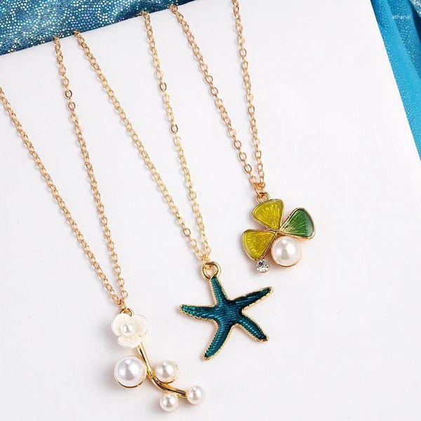 Collares colgantes Ocean Starfish Seashell Metal Imitación Perla Hoja Charm Collar para mujeres Bohemia Beach Party Cadena Joyería