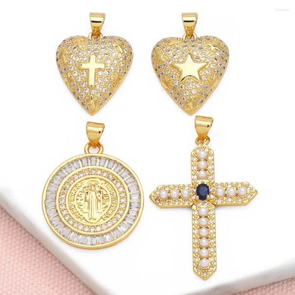 Collares colgantes OCESRIO Trendy Pearl Big Cross para cobre Chapado en oro CZ Corazón Virgen María Joyería Fabricación Suministros PDTB467