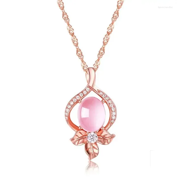 Collares colgantes Ociki Color oro rosa Flor Hoja Ross Cuarzo CZ Rosa Opal Collar Gargantillas para mujeres Niñas Regalo Joyería de gota