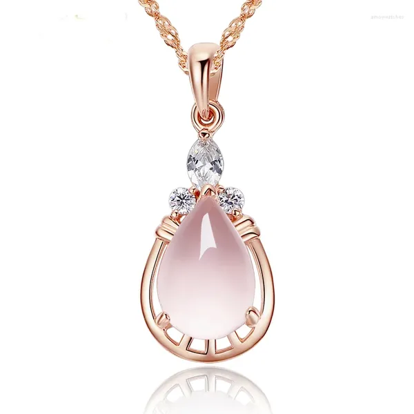 Pendentif Colliers Ociki Rose Gold Couleur Ross Quartz CZ Rose Opal Collier Colliers Pour Femmes Filles Cadeau Drop Sweet Bijoux