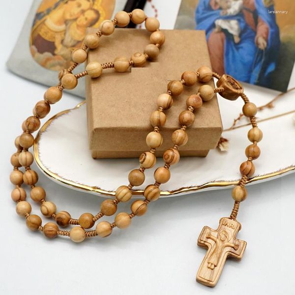 Collares colgantes cuentas de madera de oliva collar tejido tejido cristianismo cruce de madera para hombres mujeres regalo de cuello al por mayor joyería