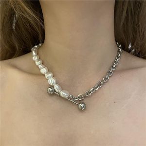 Pendentif Colliers Origine Été High Street Acier inoxydable Asymétrie Imitation Perle Collier de perles pour femmes Chaîne Bijoux