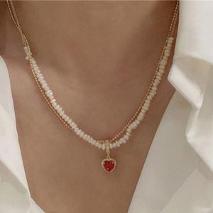 Hanger kettingen oorsprong zomer zoete mode kubieke zirkoon rode liefde hart ketting voor vrouwen dubbellaagse echte parel sieraden