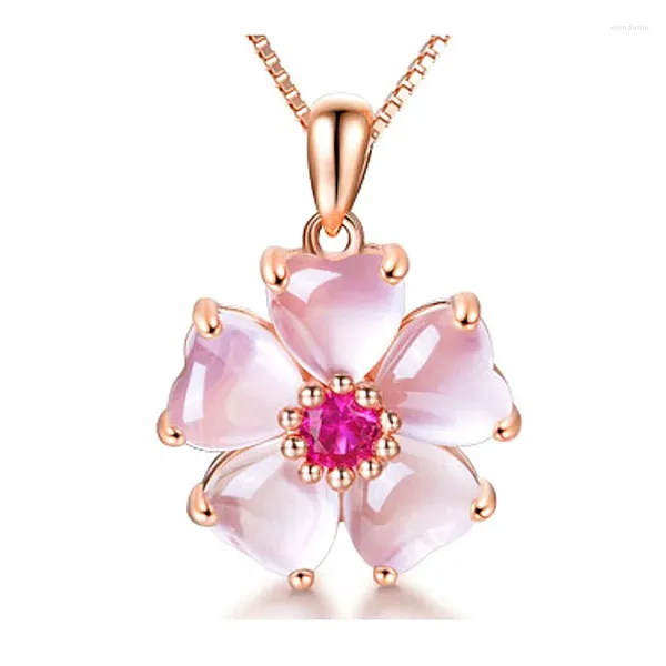 Collares colgantes Original 925 Aguja de plata Collar de flor de melocotón Patrón de flor dulce Cristal rosa para mujeres Fiesta de niñas