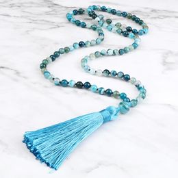 Pendentif Colliers Design original 108 perles Collier avec pompon Bohème 6mm Bleu Agates Pierre Nouée Stretch Yoga Zen BijouxPendentif
