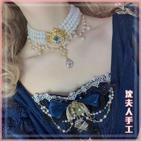 Collares pendientes Original Lolita collar de perlas de múltiples capas flor boda fiesta de té gema Super hermosa colgante todo-fósforo Elle22