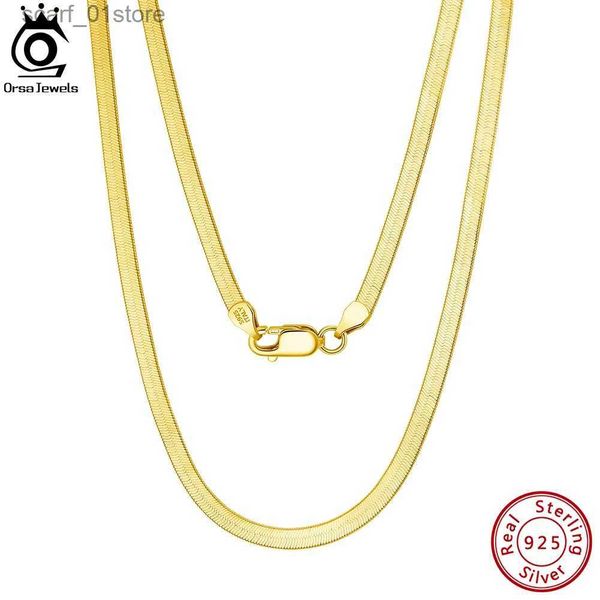 Collares colgantes ORSA JEWELS Plata de ley 925 3 mm Oro Cadena plana flexible Collar de cadena de serpiente en espiga para mujer Joyería de cadena de cuello SC35L231123