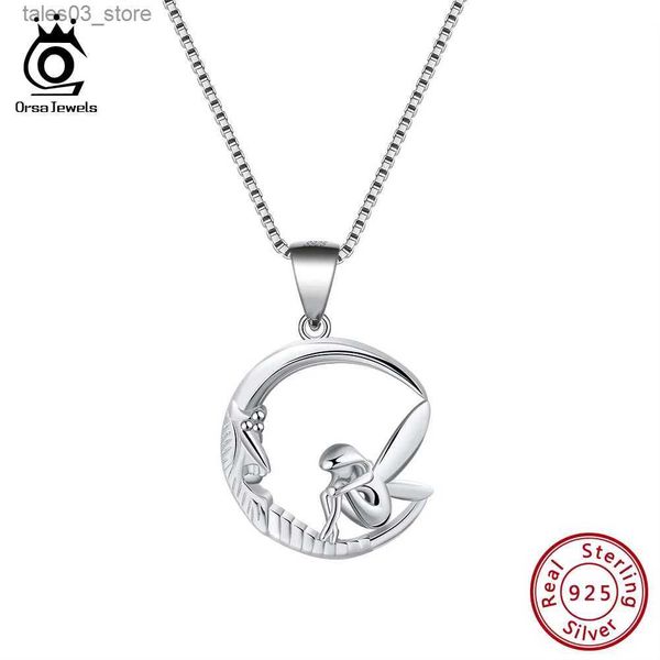 Collane con ciondolo ORSA JEWELS % Collane e pendenti in vero argento 925 Fata seduta sulla luna Collana romantica originale Ragazza Gioielli Regalo SN106 Q231026