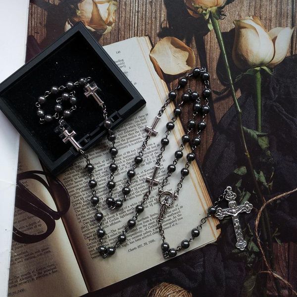 Pendentif Colliers Notre Dame De Guadalupe Médaille Chapelet Collier Hématite Noire Prière Perle Chaîne Crucifix Croix Religieux Bijoux Cadeaux