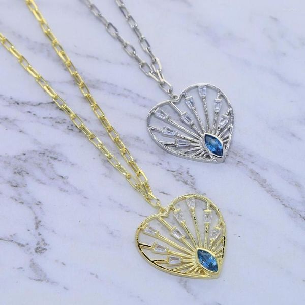 Collares colgantes hacia fuera blanco azul CZ Cubic Zirconia Clip de papel Pin Collar de cadena de enlace abierto Gran corazón Amor Regalo de San Valentín Joyería de las mujeres