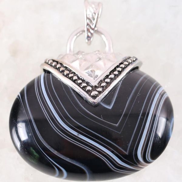 Pendentif Colliers Ovale 40x40MM Pierre Naturelle CAB Cabochon Perle Veines Noires Onyx Fit Collier Pour Hommes Femmes Bijoux Cadeau K1163