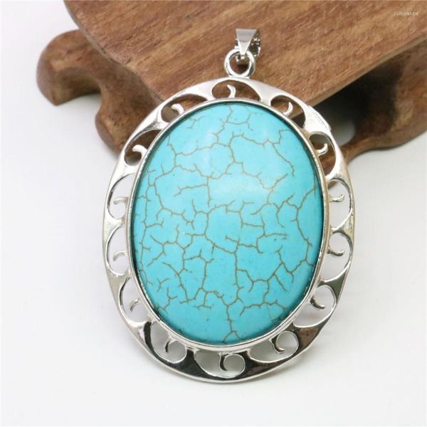 Pendentif Colliers Ovale Bleu Turquie Turquoises 42X50mm Alliage Métal Bordure Pierre Naturelle Perles Femmes Fille Accessoires Mode Fabrication de Bijoux