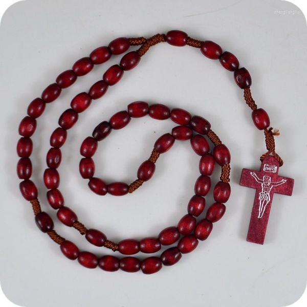 Collares pendientes Cuentas de rosario de madera ovalada INRI JESÚS Collar cruzado Joyería religiosa de moda católica