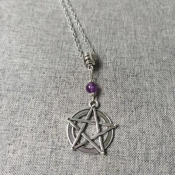 Collares colgantes Pagan Wicca Moonstone Opalite Pentagram Collar también disponible en amatista Black Onyx Witch Pentacle