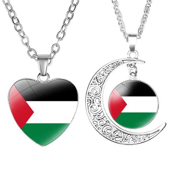 Colliers pendants Collier Palestinien Frappe photo Verre Cabochin Coeur en forme de lune Collier pendentif Bijoux H240504