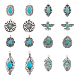 Pendentif Colliers Pandahall 16 pièces forme mixte feuille synthétique Turquoise Style tibétain alliage pendentifs charmes pour collier boucle d'oreille bijoux