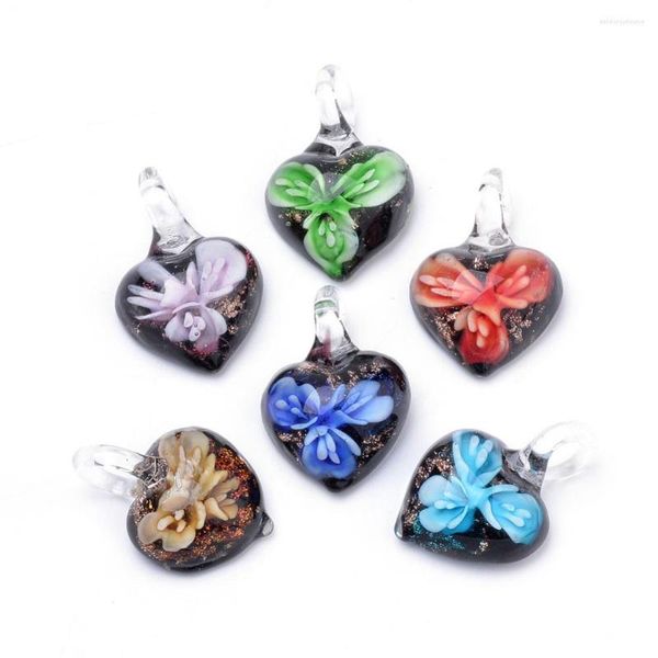 Pendentif Colliers Pandahall 50 Pcs Murano Verre Coeur Avec Fleur Intérieure Murano Charmes Fit Collier DIY Fabrication De Bijoux Décoration