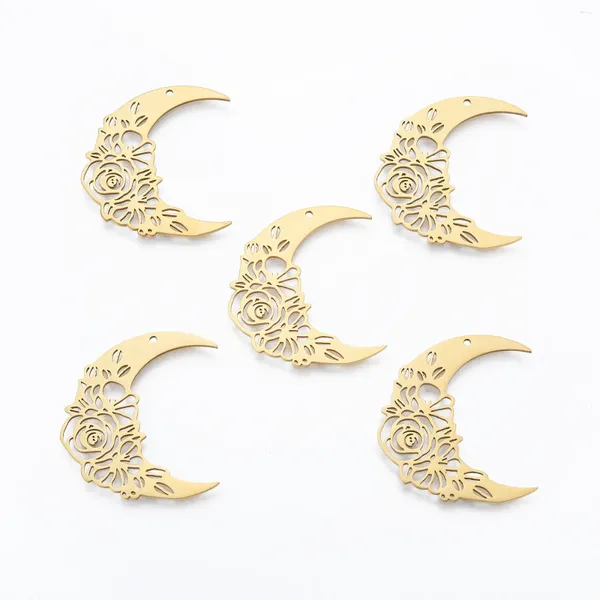 Pandahall 5 pièces lune avec fleur pendentifs en acier inoxydable trou Laser découpé breloques en métal pour collier Bracelet fabrication de bijoux