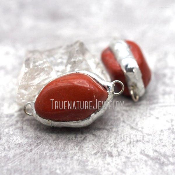 Pendentif Colliers PC30864 Pierre Précieuse Naturelle Jaspe Rouge Bijoux Soudés Forme Libre Connecteur Soudure Pépite 18x32 Mm