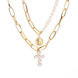 Pendentif Colliers Pcs / Set Or Blanc Croix Simulé Perle Épaisse Longue Perles Chaîne Alliage Pendentifs Collier De Mode Pour Les Femmes