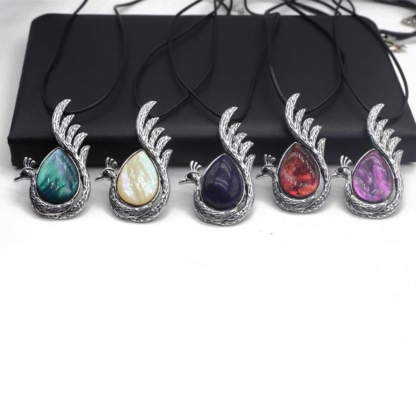 Pendentif Colliers Paon Forme Collier Goutte d'eau Quartz Naturel Agate Pierre incrustée pour la fête cadeau