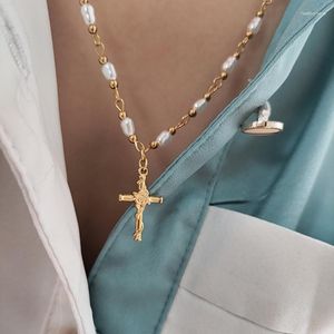 Pendentif Colliers Perle Perlée Croix Collier Pour Femmes En Acier Inoxydable Long Pull Minimaliste Élégant Bijoux En
