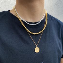 Pendentif Colliers Perle Pour Hommes Imitation Couche Collier Lien Chaîne Bijoux Ensemble Femmes Casual Rétro Collier Hiphop CadeauPendentif