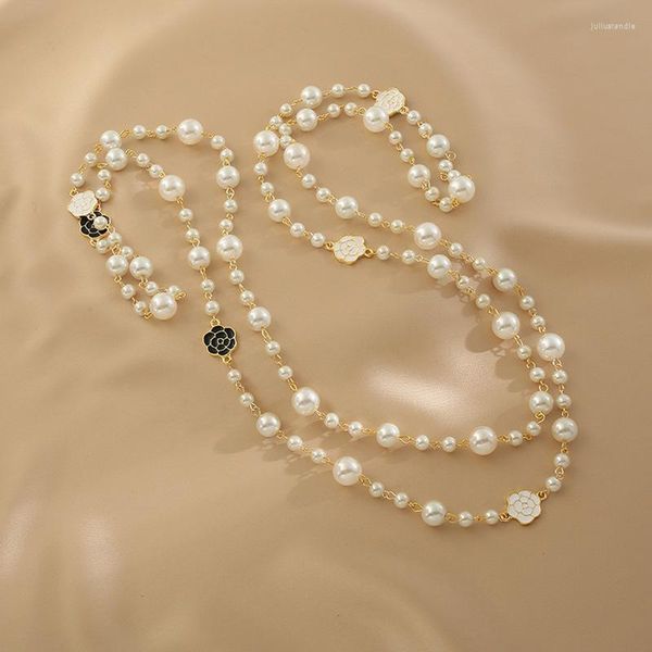 Pendentif Colliers Collier de perles Noir Blanc Camélia Perlé Pull Femme Chaîne Fille Fête Vintage Romantique Bijoux Cadeau Accessoires