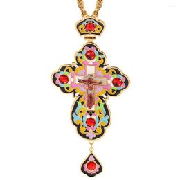Hangende kettingen Pectoral Kruisketting Rode zirkonen Kristallen Orthodox Grieks kruisbeeld Sieradenketen Religieuze ambachten