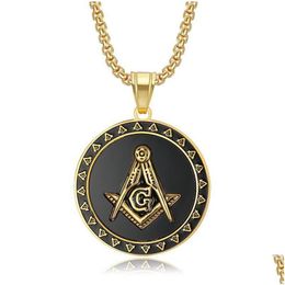 Colliers pendants Colliers pendants 316 Collier maçonniaire maçon en acier inoxydable Sier Sier Gol Noir de forme ronde Association fraternelle frat Dhqzg