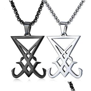 Colliers pendentif Colliers pendentif noir Sier couleur Lucifer collier pour hommes Sigil Satan satanique en acier inoxydable longue chaîne 24 pouces M Dhbdi