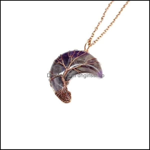 Colliers pendants Colliers pendants bronze arbre de vie Crescent Moon Forme des amethystes verts roses Stone Crystal Wird Wrap à la main 251b