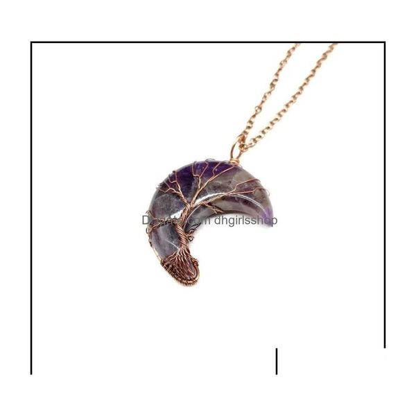 Colliers pendants Colliers pendants bronze arbre de vie Crescent Moon Forme des amethystes verts roses Reploche de fil cristallin de pierre Fo Otdhv