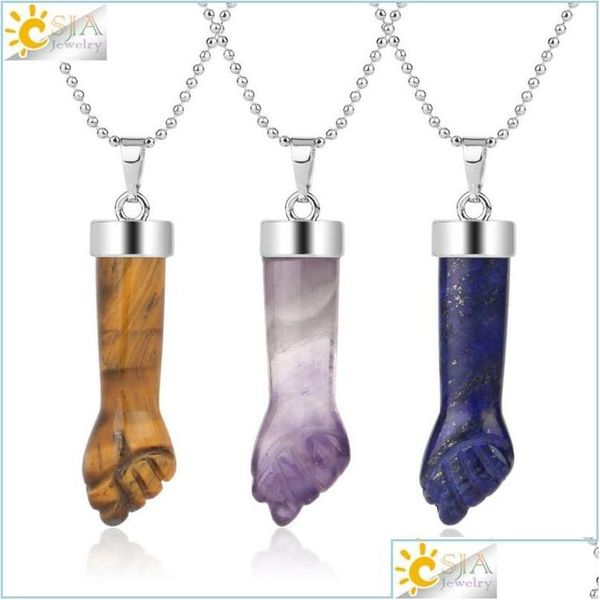 Pendentif colliers pendentif colliers conception pendentifs en pierre naturelle sculpté bras de poing violet cristal Quartz oeil de tigre Lapis Reiki bijoux Dh31C