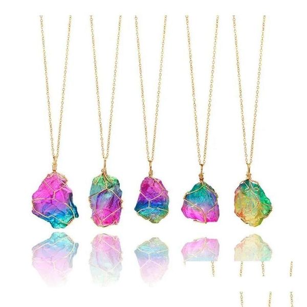 Colliers pendants Colliers pendants Natural Rainbow Irregar Quartz Rock Rock Crystal Collier Gemle Gold Plaqué WAVE